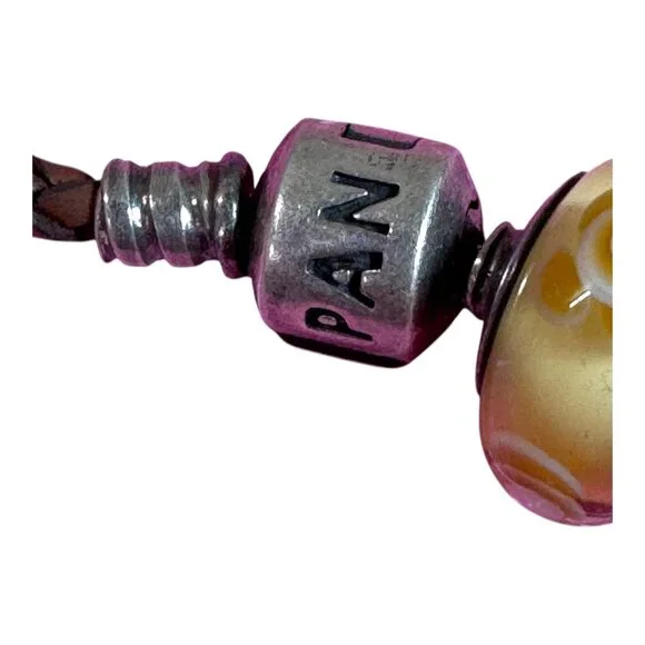 Pandora Brown Braided Double Leather Bracelet With Yellow Glass Charm Sterling - Picture 6 of 8
